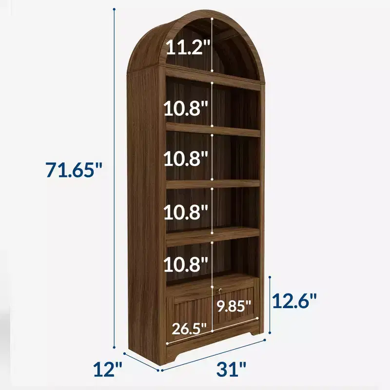 Bibliothèque arquée de 72 po avec tiroir de rangement, armoire de présentation moderne en bois à 6 niveaux avec étagères ouvertes et tiroir inférieur, porte d'armoire incurvée