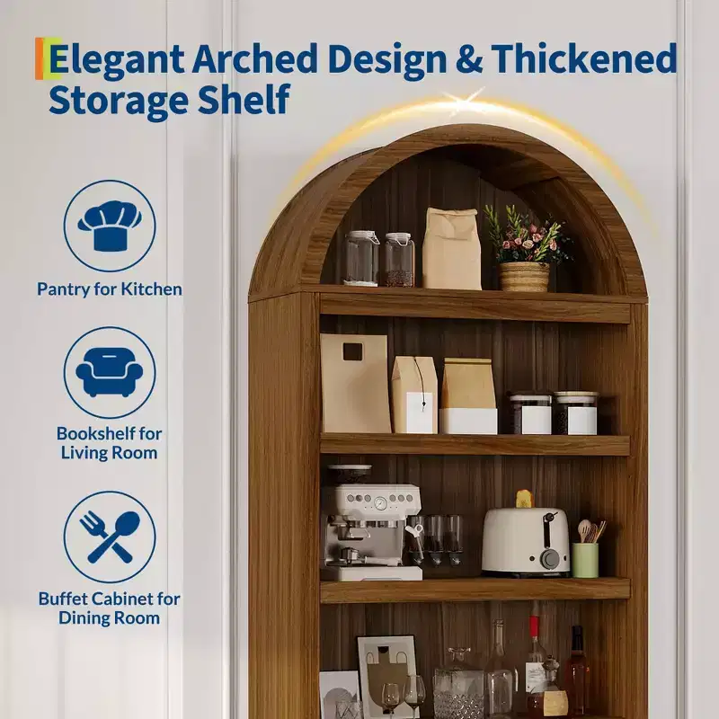 Bibliothèque arquée de 72 po avec tiroir de rangement, armoire de présentation moderne en bois à 6 niveaux avec étagères ouvertes et tiroir inférieur, porte d'armoire incurvée
