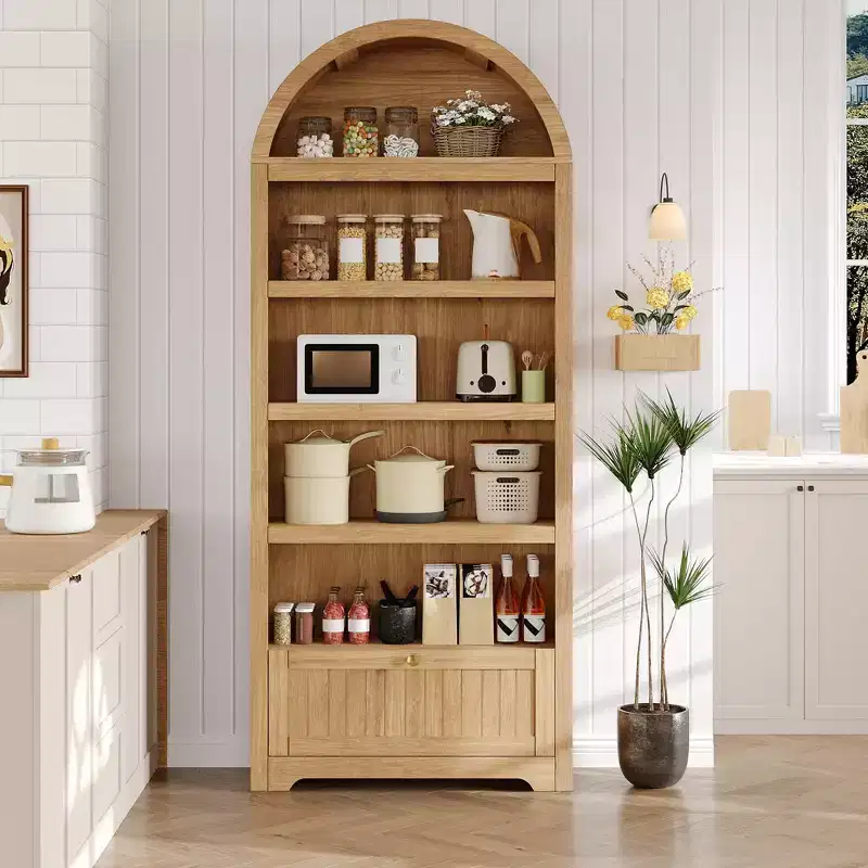 Bibliothèque arquée de 72 po avec tiroir de rangement, armoire de présentation moderne en bois à 6 niveaux avec étagères ouvertes et tiroir inférieur, porte d'armoire incurvée