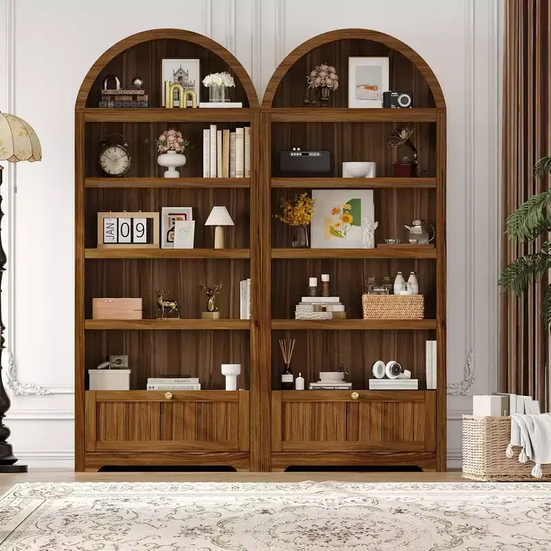 Bibliothèque arquée de 72 po avec tiroir de rangement, armoire de présentation moderne en bois à 6 niveaux avec étagères ouvertes et tiroir inférieur, porte d'armoire incurvée