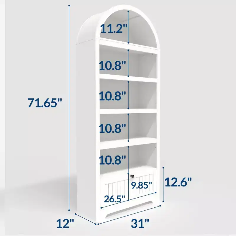 Bibliothèque arquée de 72 po avec tiroir de rangement, armoire de présentation moderne en bois à 6 niveaux avec étagères ouvertes et tiroir inférieur, porte d'armoire incurvée