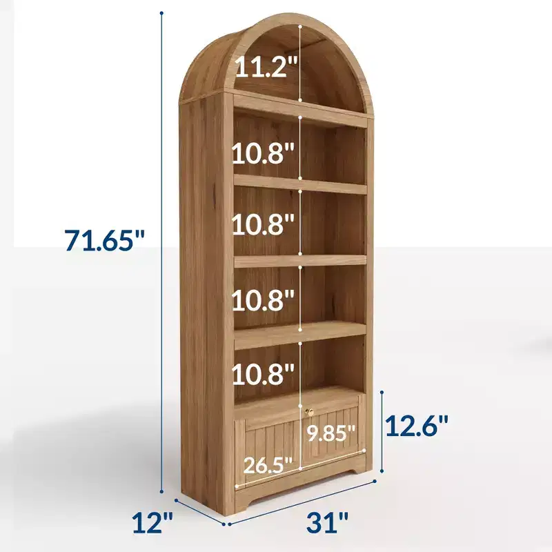 Bibliothèque arquée de 72 po avec tiroir de rangement, armoire de présentation moderne en bois à 6 niveaux avec étagères ouvertes et tiroir inférieur, porte d'armoire incurvée