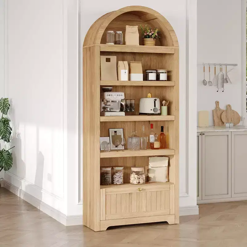 Bibliothèque arquée de 72 po avec tiroir de rangement, armoire de présentation moderne en bois à 6 niveaux avec étagères ouvertes et tiroir inférieur, porte d'armoire incurvée