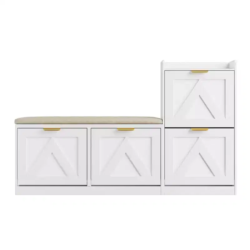 Banc de rangement pour chaussures avec 5 tiroirs rabattables et étagère étagée, meuble à chaussures pour 18 paires avec siège rembourré, étagère à chaussures étroite pour entrée et couloir