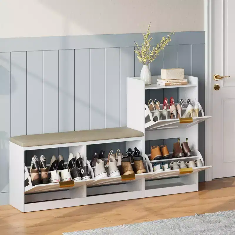 Banc de rangement pour chaussures avec 5 tiroirs rabattables et étagère étagée, meuble à chaussures pour 18 paires avec siège rembourré, étagère à chaussures étroite pour entrée et couloir