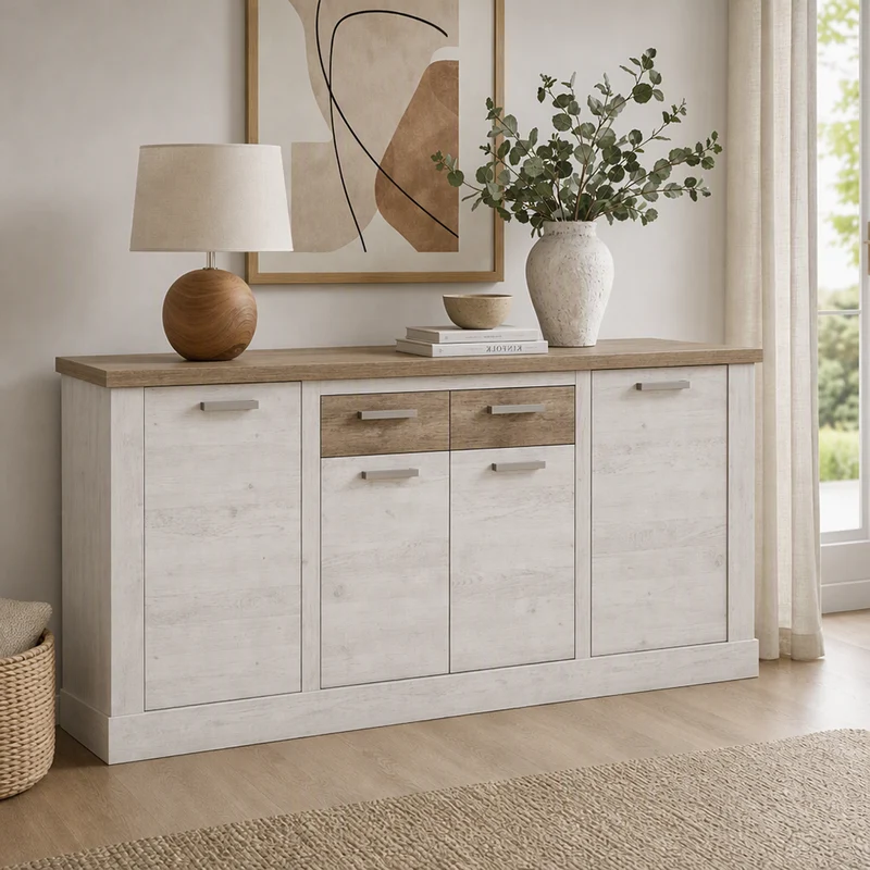 Madia 4 ante e 2 cassetti 213 cm pino bianco con top rovere antico Flux