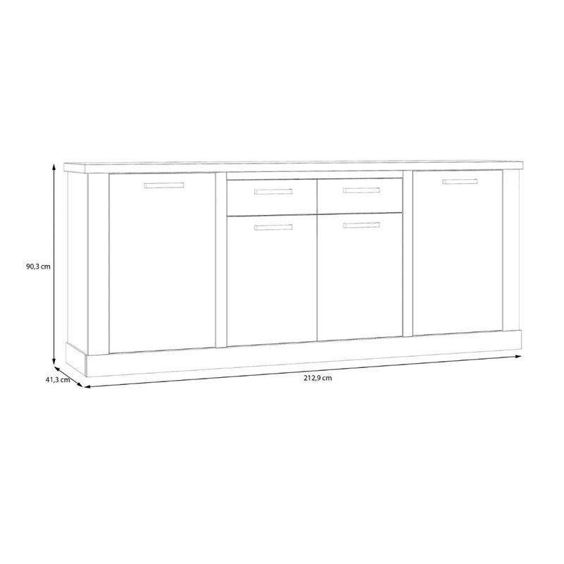 Madia 4 ante e 2 cassetti 213 cm pino bianco con top rovere antico Flux