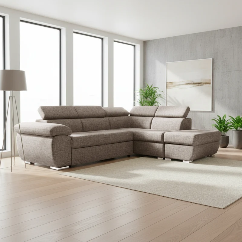 Divano letto angolare con penisola destra e pouf contenitore tortora Fiona