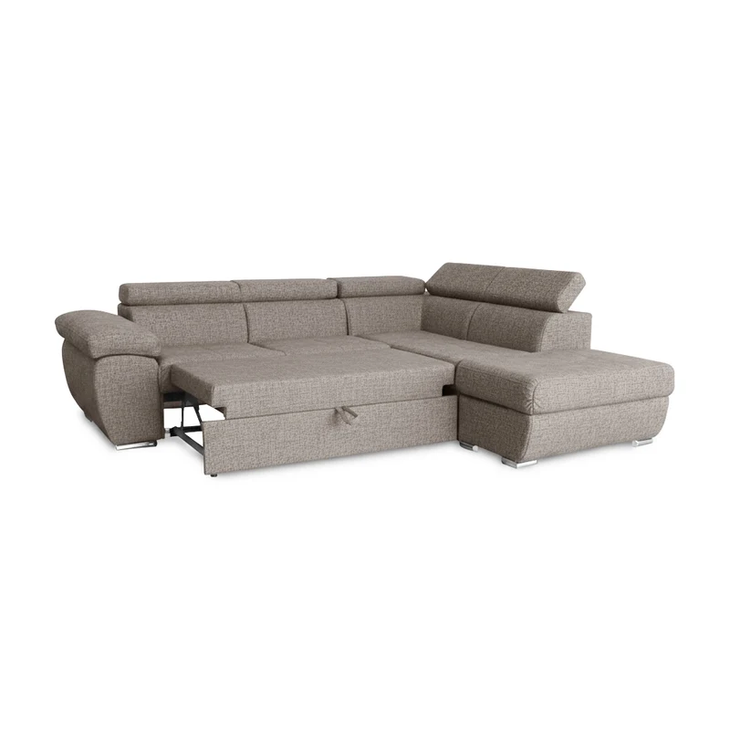 Divano letto angolare con penisola destra e pouf contenitore tortora Fiona