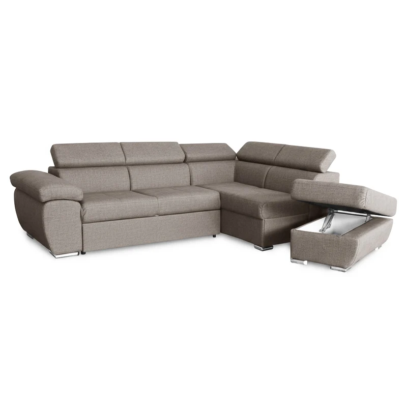 Divano letto angolare con penisola destra e pouf contenitore tortora Fiona