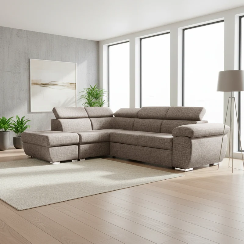 Divano letto angolare con penisola sinistra e pouf contenitore tortora Fiona