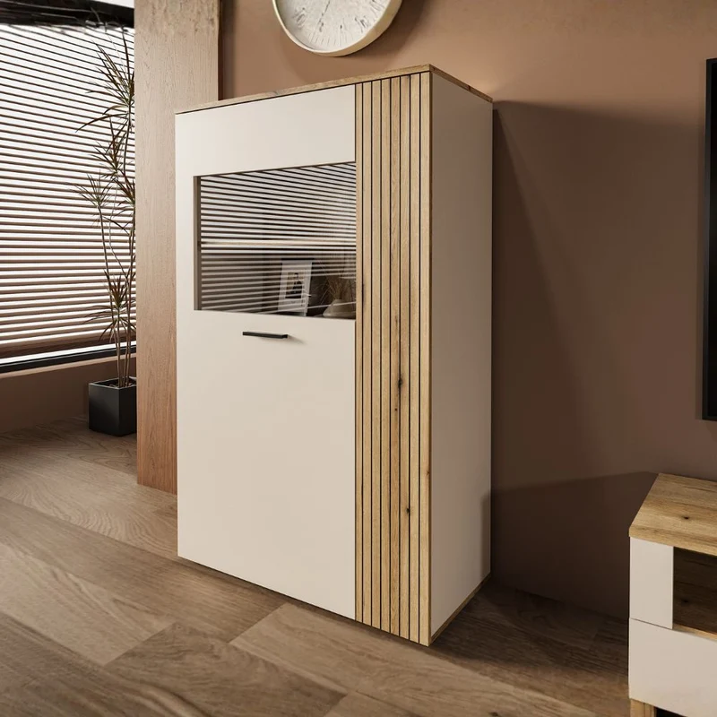 Vetrina con anta a listelli verticali cashmere e rovere evoque 90x42x146H Frezo06