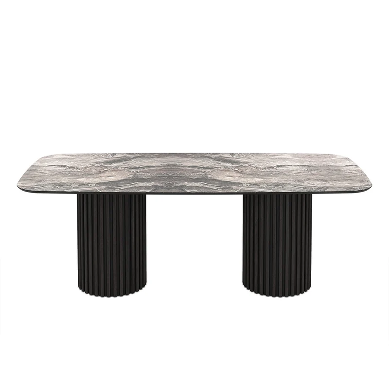 Tavolo rettangolare fisso piano nero arabesque e basi in legno cannettati 200x100x76H Oslo