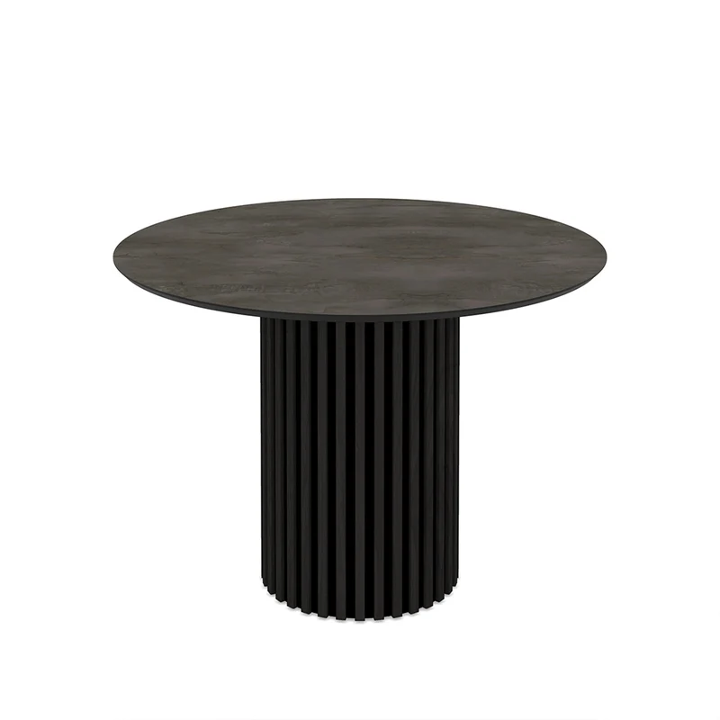 Tavolo rotondo piano effetto marmo grigio opaco e base cannettata nera 110x110x76 Olympus