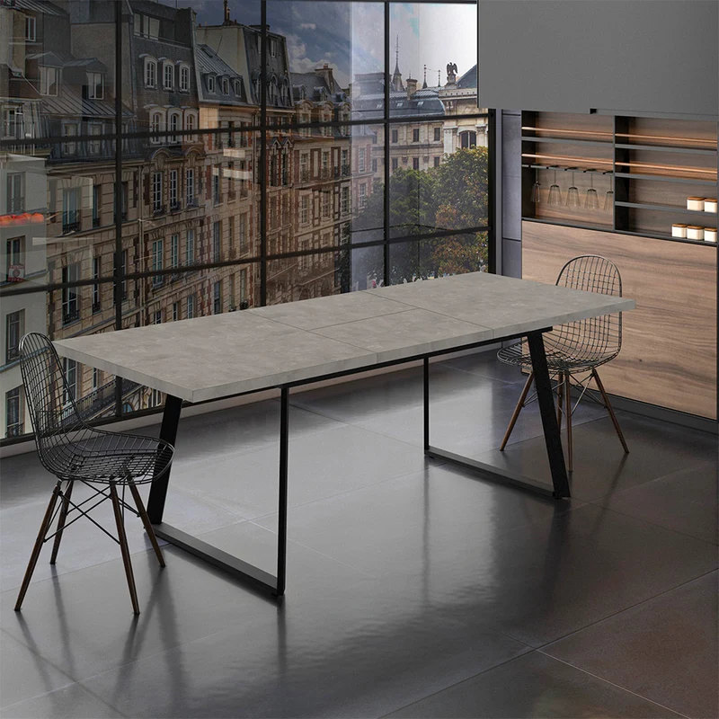 Tavolo allungabile piano grigio cemento e gambe in metallo nero 170x90x75h Lavinya