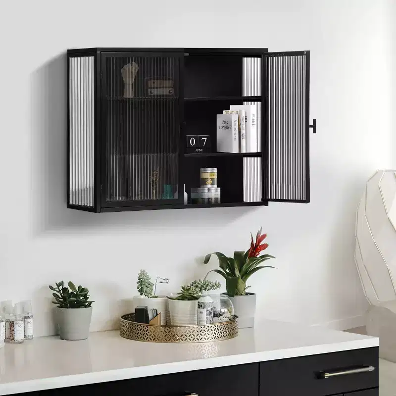 Meuble haut moderne à 2 portes Okak avec portes vitrées de rangement à 3 niveaux pour entrée/salle à manger/salon/cuisine