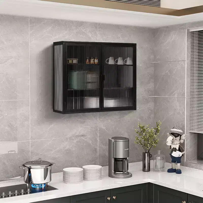 Meuble haut moderne à 2 portes Okak avec portes vitrées de rangement à 3 niveaux pour entrée/salle à manger/salon/cuisine