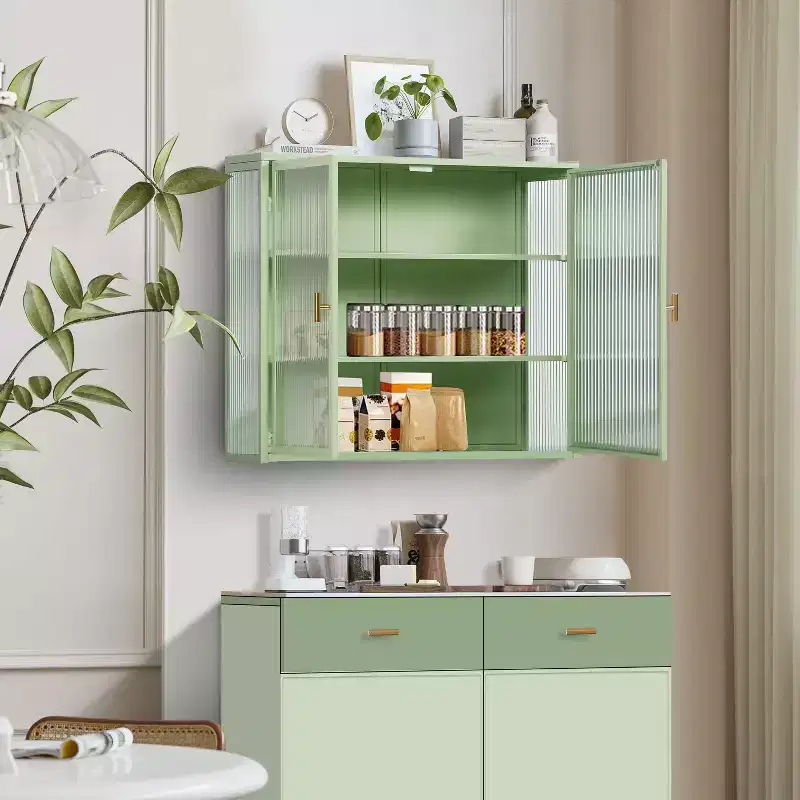 Meuble haut moderne à 2 portes Okak avec portes vitrées de rangement à 3 niveaux pour entrée/salle à manger/salon/cuisine