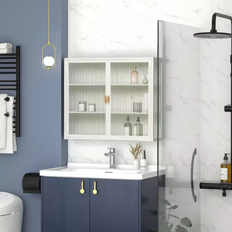 Meuble haut moderne à 2 portes Okak avec portes vitrées de rangement à 3 niveaux pour entrée/salle à manger/salon/cuisine