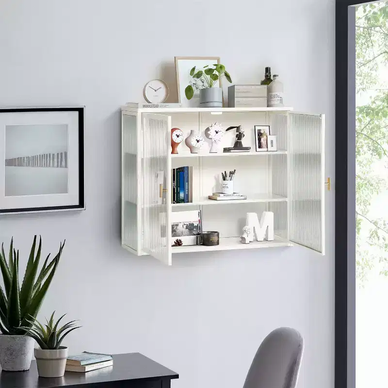 Meuble haut moderne à 2 portes Okak avec portes vitrées de rangement à 3 niveaux pour entrée/salle à manger/salon/cuisine