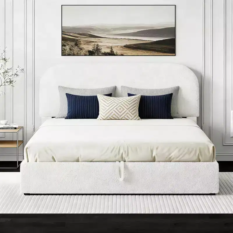 Lit capitonné Queen Size avec rangement escamotable - Blanc