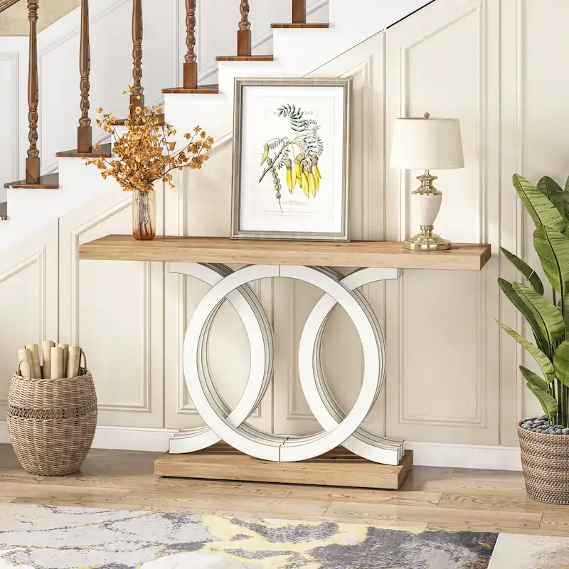 Console de style vintage avec base géométrique, table de couloir en bois
