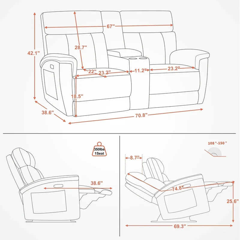 Canapé inclinable électrique MCombo 60,2 po avec massage et double chauffage, appuie-tête réglable, ports USB et Type C, tissu