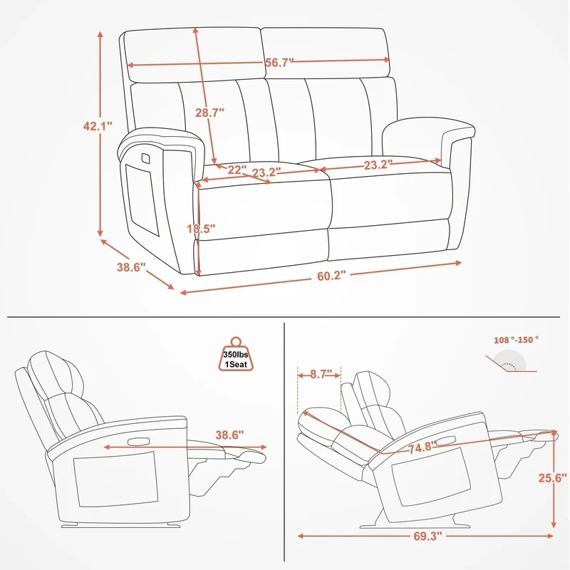 Canapé inclinable électrique MCombo 60,2 po avec massage et double chauffage, appuie-tête réglable, ports USB et Type C, tissu