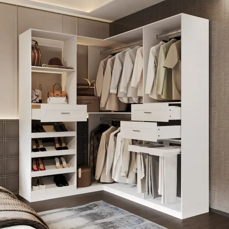 Armoire d'angle avec 2 tringles, un porte-pantalons et un rangement à chaussures
