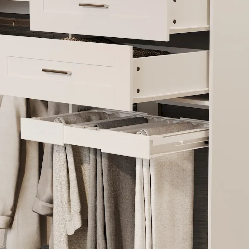 Armoire d'angle avec 2 tringles, un porte-pantalons et un rangement à chaussures