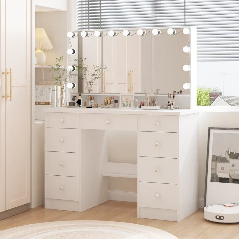 Coiffeuse LED de luxe avec 9 tiroirs, station de maquillage élégante