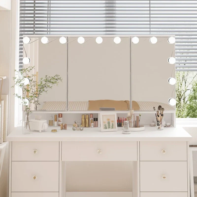 Coiffeuse LED de luxe avec 9 tiroirs, station de maquillage élégante