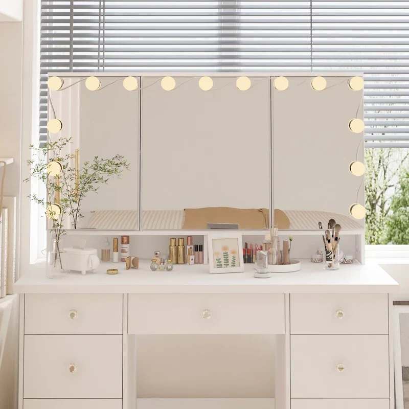 Coiffeuse LED de luxe avec 9 tiroirs, station de maquillage élégante