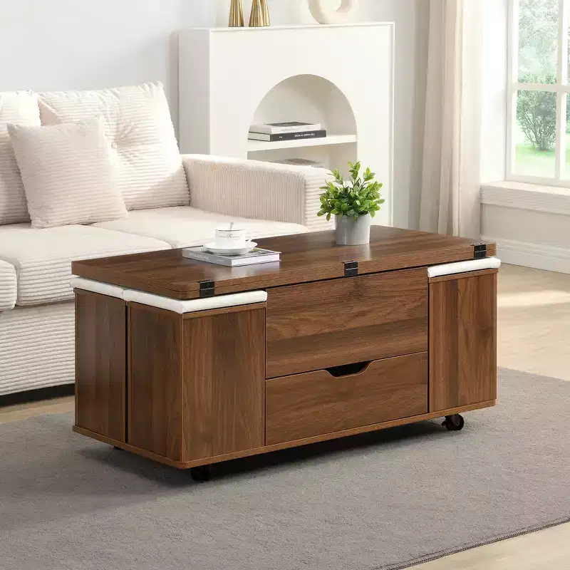 Table basse relevable multifonctionnelle et moderne avec rangement dissimulé, 4 tabourets et roulettes, parfaite pour les espaces de vie modernes.
