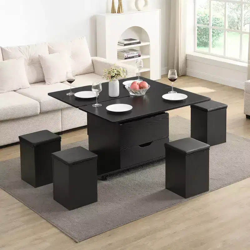 Table basse relevable multifonctionnelle et moderne avec rangement dissimulé, 4 tabourets et roulettes, parfaite pour les espaces de vie modernes.