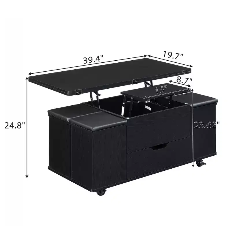 Table basse relevable multifonctionnelle et moderne avec rangement dissimulé, 4 tabourets et roulettes, parfaite pour les espaces de vie modernes.