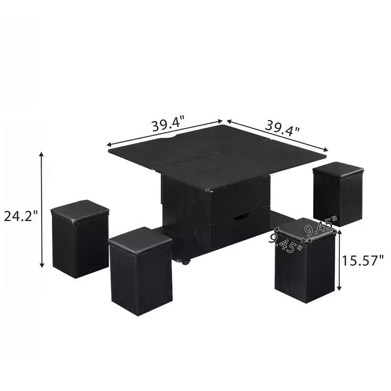 Table basse relevable multifonctionnelle et moderne avec rangement dissimulé, 4 tabourets et roulettes, parfaite pour les espaces de vie modernes.