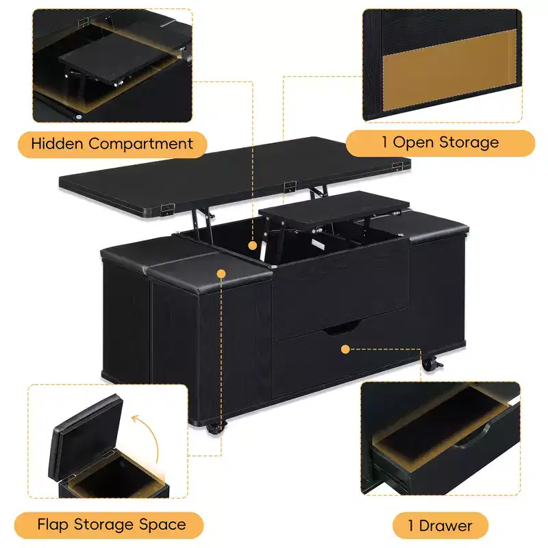 Table basse relevable multifonctionnelle et moderne avec rangement dissimulé, 4 tabourets et roulettes, parfaite pour les espaces de vie modernes.