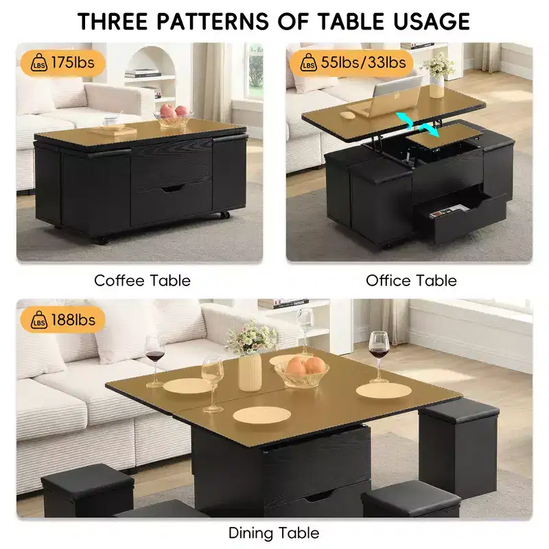 Table basse relevable multifonctionnelle et moderne avec rangement dissimulé, 4 tabourets et roulettes, parfaite pour les espaces de vie modernes.