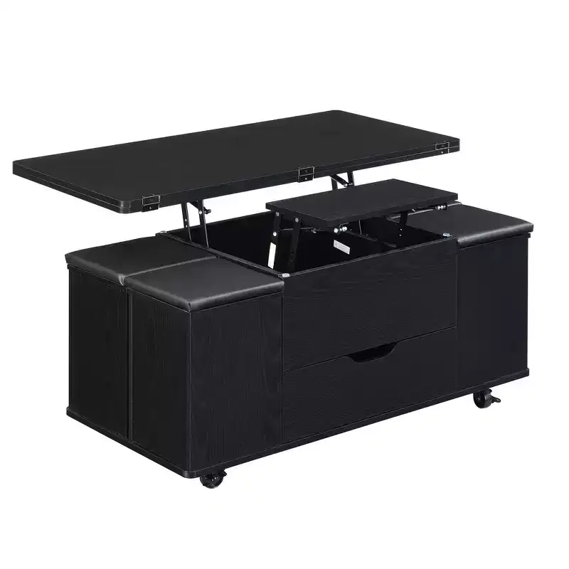 Table basse relevable multifonctionnelle et moderne avec rangement dissimulé, 4 tabourets et roulettes, parfaite pour les espaces de vie modernes.