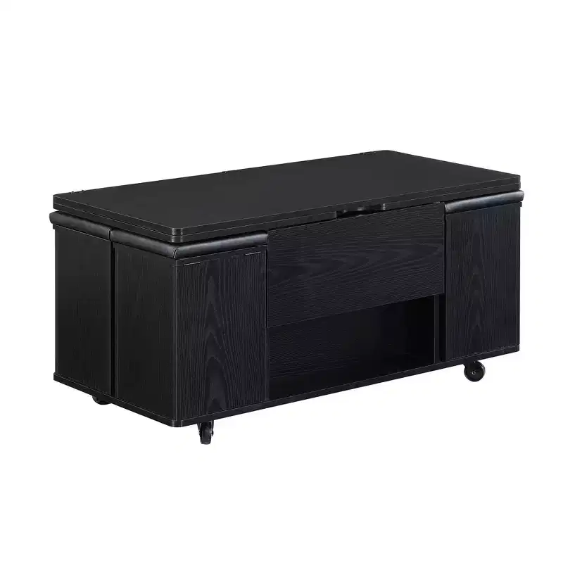 Table basse relevable multifonctionnelle et moderne avec rangement dissimulé, 4 tabourets et roulettes, parfaite pour les espaces de vie modernes.
