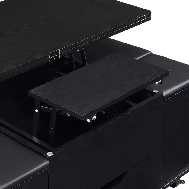 Table basse relevable multifonctionnelle et moderne avec rangement dissimulé, 4 tabourets et roulettes, parfaite pour les espaces de vie modernes.