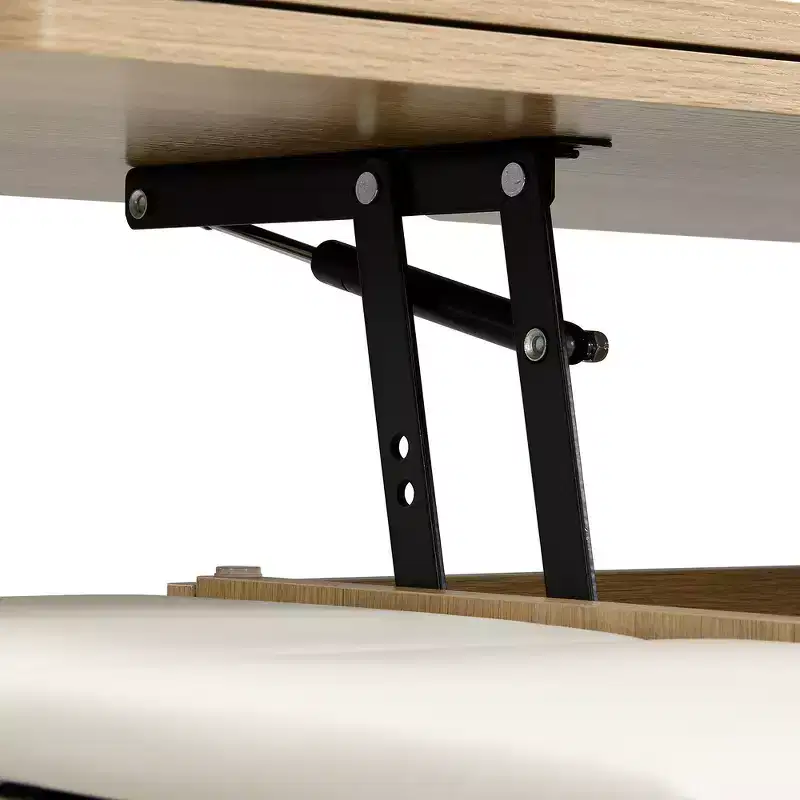 Table basse relevable multifonctionnelle et moderne avec rangement dissimulé, 4 tabourets et roulettes, parfaite pour les espaces de vie modernes.