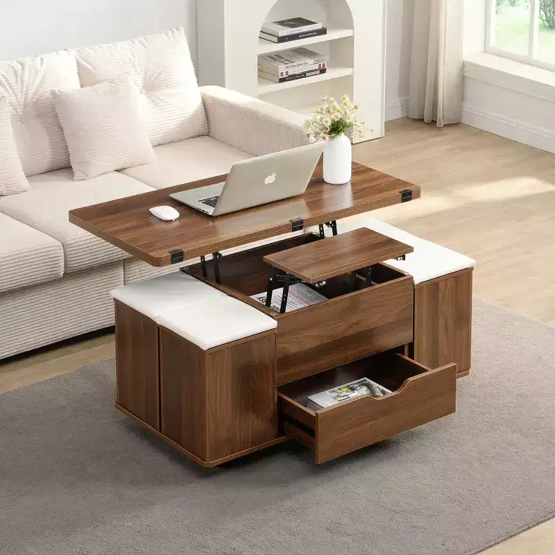 Table basse relevable multifonctionnelle et moderne avec rangement dissimulé, 4 tabourets et roulettes, parfaite pour les espaces de vie modernes.