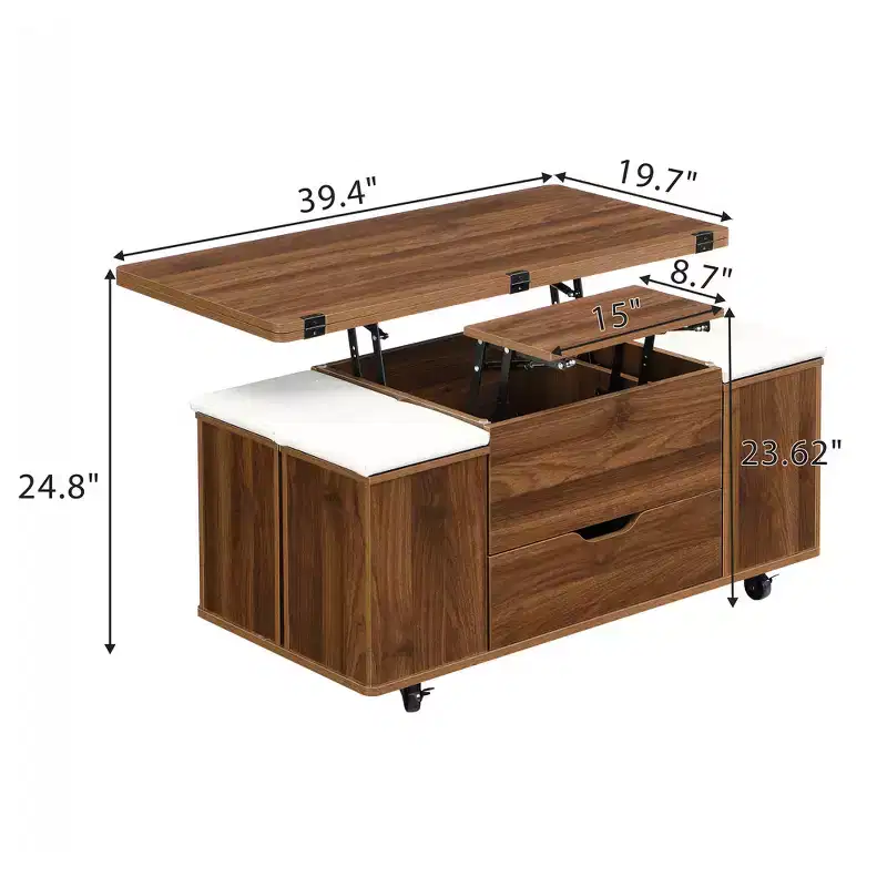 Table basse relevable multifonctionnelle et moderne avec rangement dissimulé, 4 tabourets et roulettes, parfaite pour les espaces de vie modernes.