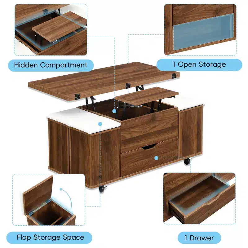 Table basse relevable multifonctionnelle et moderne avec rangement dissimulé, 4 tabourets et roulettes, parfaite pour les espaces de vie modernes.