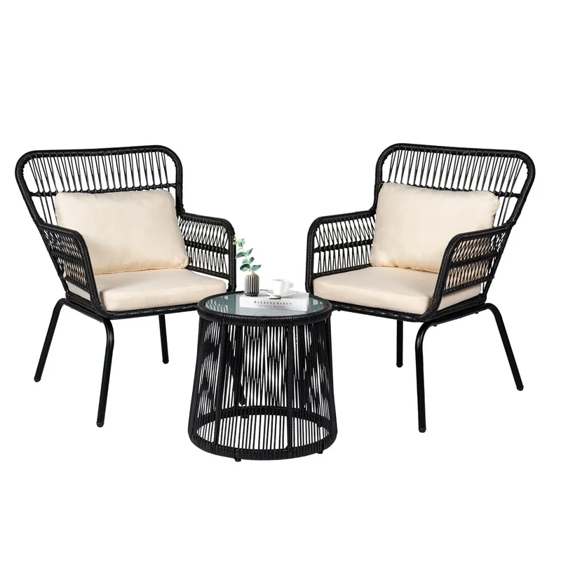 Ensemble bistrot 3 pièces en osier pour conversation, salon de jardin en rotin résistant aux intempéries avec coussins