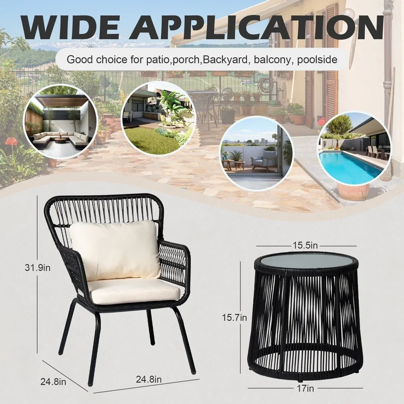 Ensemble bistrot 3 pièces en osier pour conversation, salon de jardin en rotin résistant aux intempéries avec coussins