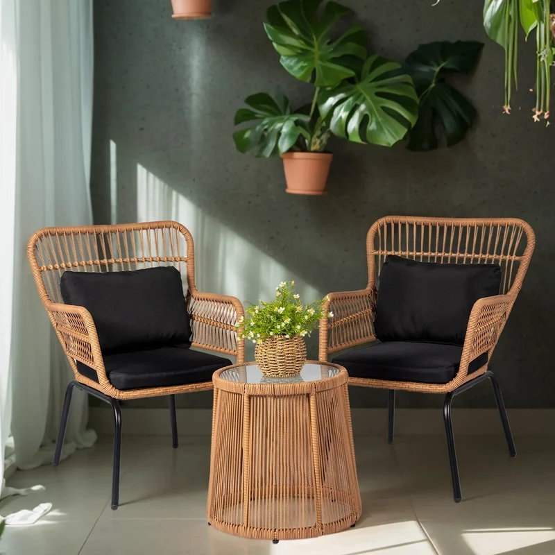 Ensemble bistrot 3 pièces en osier pour conversation, salon de jardin en rotin résistant aux intempéries avec coussins