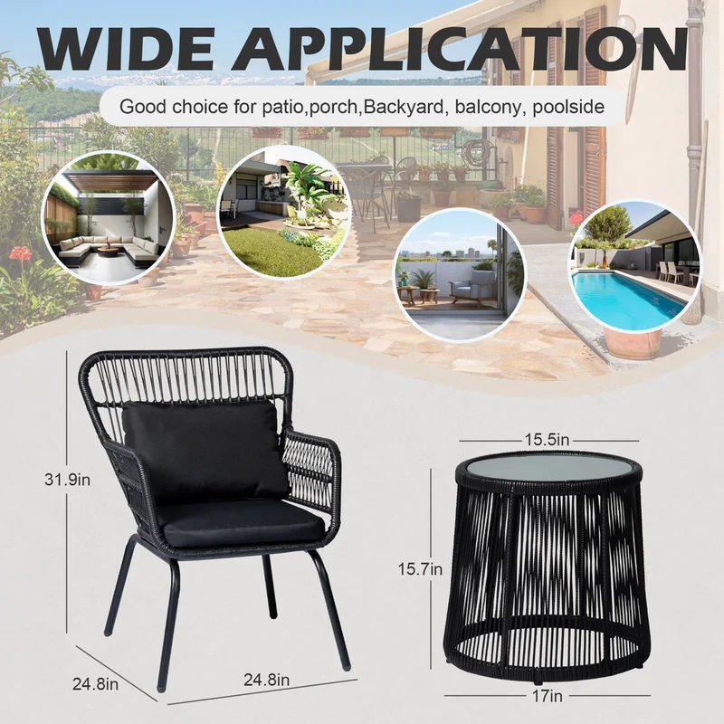 Ensemble bistrot 3 pièces en osier pour conversation, salon de jardin en rotin résistant aux intempéries avec coussins